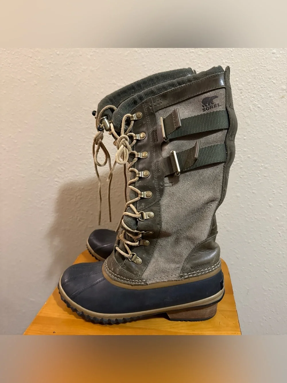 Sorel Carly II Suede Conquest Olive and Navy Lace-Up Waterproof Duck Boots